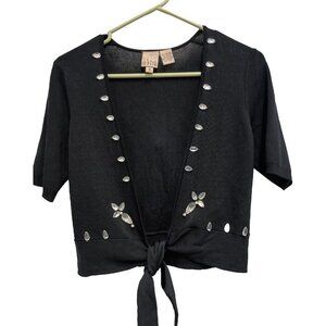 Vintage 90s F.L. Malik Womens Cardigan Size Small Black Crop Tie Hem Embellished